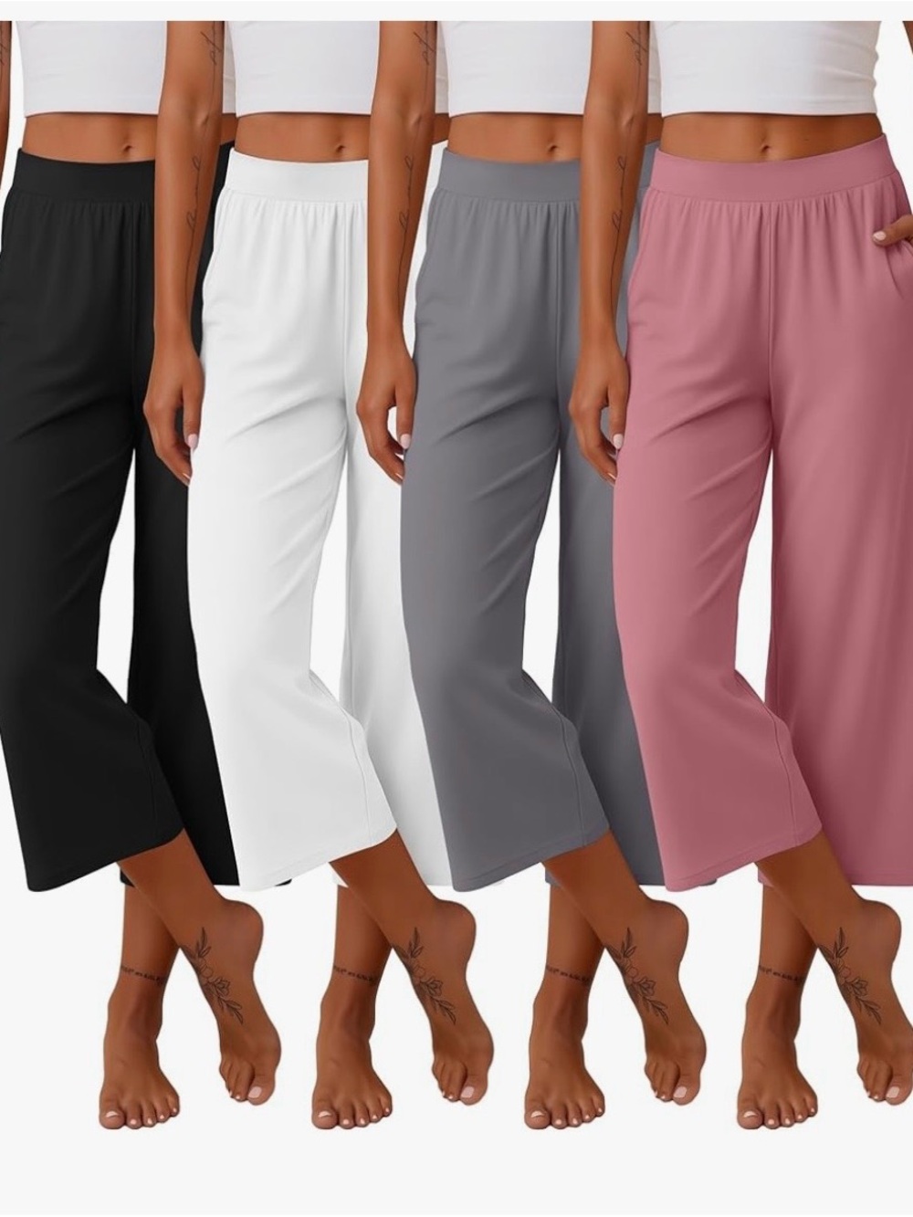 Wide-Leg Elastic Waist Lounge Pants - Black, White, Gray, Rose